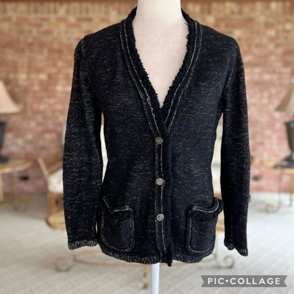 Doncaster Black Fringe Wool Blend Sweater Cardigan S Quiet Luxury
